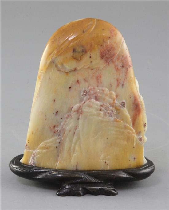 A Chinese shoushan stone boulder carving, probably Republic period, height 11cm, wood stand